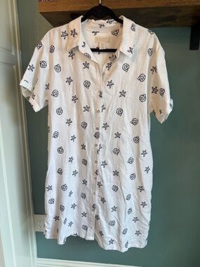 Calypso St. Barth Linen Blend Shirt Dress Coastal Shell Starfish Embroidered Lg